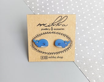 May include: A pair of blue whale stud earrings on a brown card with the text "mihha jewellery & accessories" and "mihha.shop".