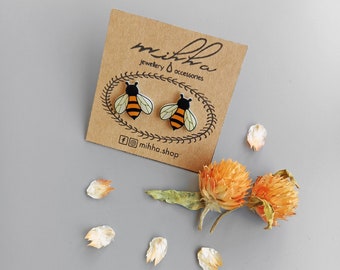 Bee stud earrings, Honeybee Insect earrings, Save the bees gifts, Honey bee jewelry, Tiny bug earrings, Shrink plastic bumble bee studs