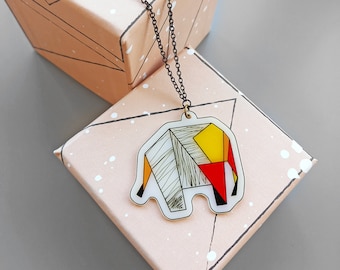 Origami elephant necklace, Geometric animal long chain pendant, Elephant charm soul sister gift, Shrink plastic jewelry gifts