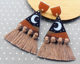 Sailor moon macrame earrings, Black luna tassel stud earring, Crescent moon studs, Celestial fringe jewelry, Bohemian gift