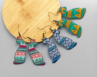 Cat earrings dangle, Geometric kitty earrings, Lucky cat silhouette charm earrings, Custom color patterned animal jewelry, Pet lover gift