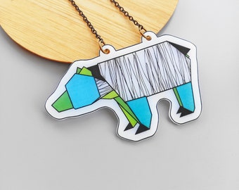 Geometric bear necklace, Origami animals jewelry, Long polar bear charm pendant, Blue mama bear necklace, Animal lover gift