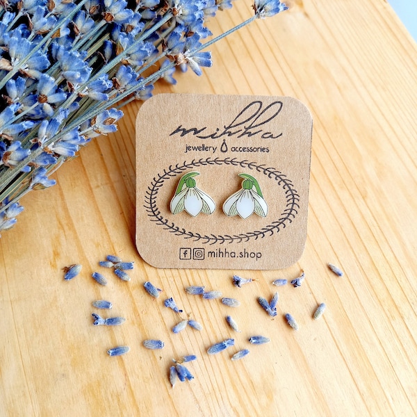 White snowdrop flower stud earrings, Tiny Galanthus studs, Botanical floral jewelry, Dainty wild bluebell flowers, Nature lover gift