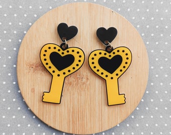 Key to my heart earrings, Black hearts earring, Punk keys jewelry, Valentines and mothers day gift