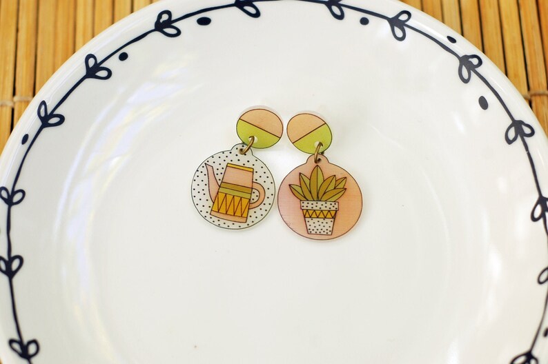Mismatched succulent earrings, Pot plant botanical jewelry, Watering can and flower terrarium earrings, Cactus lover and gardening gift image 1