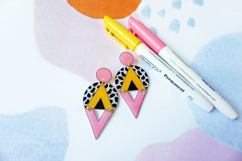 Cow print, mustard yellow and pink triangle earrings, Statement geometric oversized earrings, Leopard edgy earrings, Tortoise shell earrings image 5