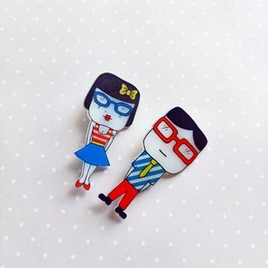 Cute couple set of 2 cartoon characters pins, Kawaii boy and girl illustration portrait brooch, Matching couple gifts, Engagement gift image 4