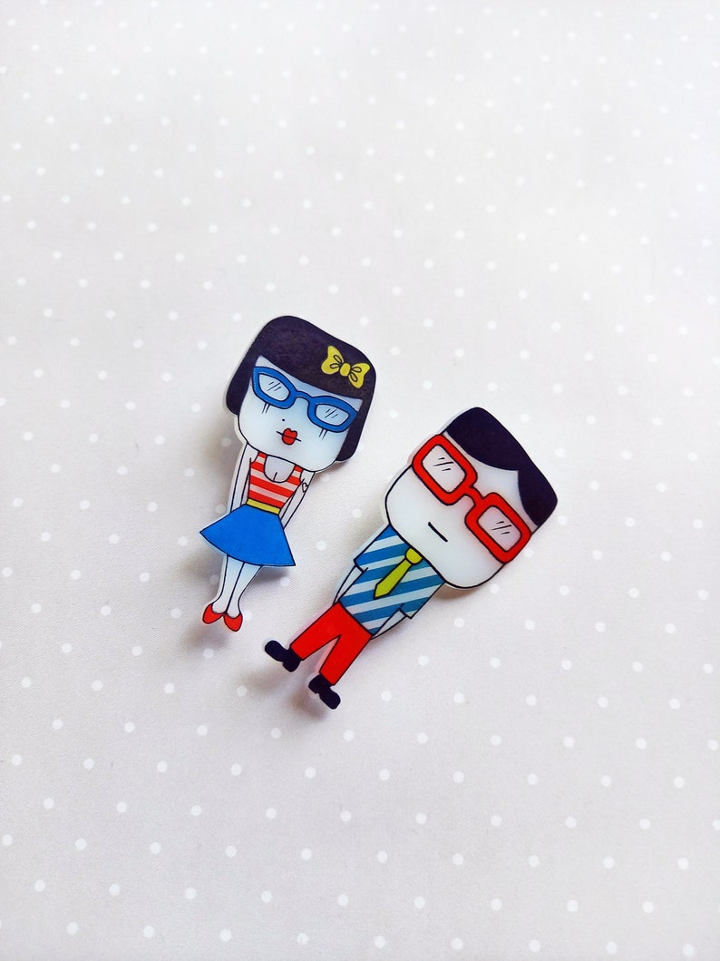 Cute couple set of 2 cartoon characters pins, Kawaii boy and girl illustration portrait brooch, Matching couple gifts, Engagement gift image 4