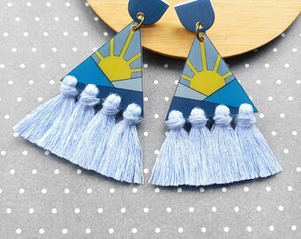 Blue Sunrise Tassel Earrings · Macrame with Sun and Mountains Landscape Dangle Studs · Boho Fringe Statement Jewelry