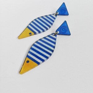 Fish Earrings, Blue Ocean Earrings, Yellow Dangle Studs, Fish Studs, Nautical Dangling Earrings, Coastal Jewelry, Pisces Gift image 2