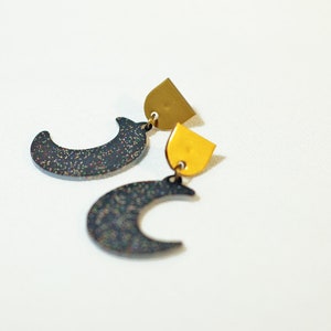 Glitter moon phase earrings, Gold and black crescent moon earrings, Chunky glitter druzy earrings, Sparkly galaxy earrings, Lunar jewelry image 4