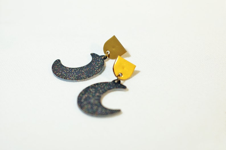 Glitter moon phase earrings, Gold and black crescent moon earrings, Chunky glitter druzy earrings, Sparkly galaxy earrings, Lunar jewelry image 4