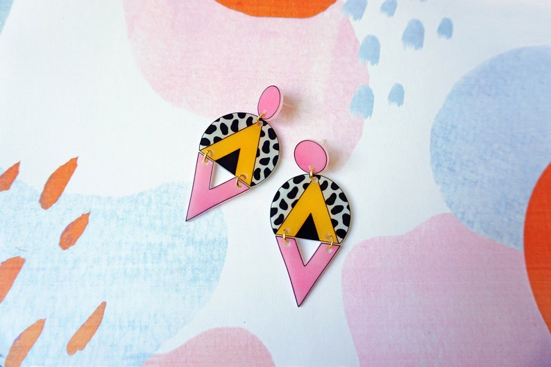 Cow print, mustard yellow and pink triangle earrings, Statement geometric oversized earrings, Leopard edgy earrings, Tortoise shell earrings image 1