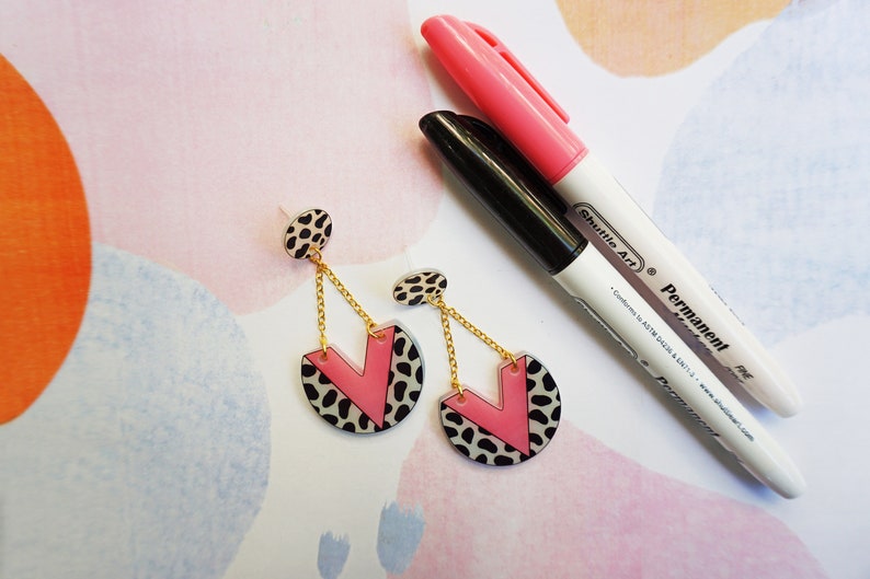 Starkcontrast cow earrings, Western chevron earrings, Pink cowgirl earrings, Geometric gold chain acrylic earrings, Animal print jewelry image 5