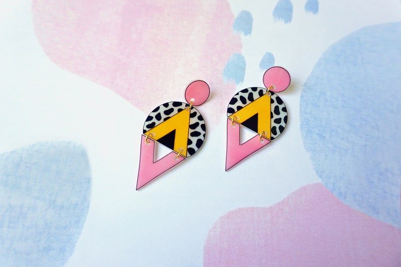 Cow print, mustard yellow and pink triangle earrings, Statement geometric oversized earrings, Leopard edgy earrings, Tortoise shell earrings image 3