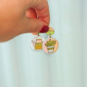 Mismatched succulent earrings, Pot plant botanical jewelry, Watering can and flower terrarium earrings, Cactus lover and gardening gift image 2