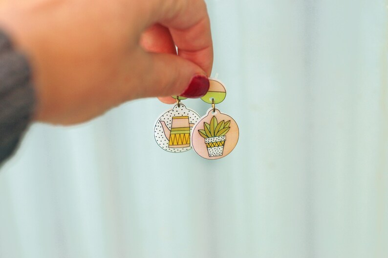 Mismatched succulent earrings, Pot plant botanical jewelry, Watering can and flower terrarium earrings, Cactus lover and gardening gift image 2