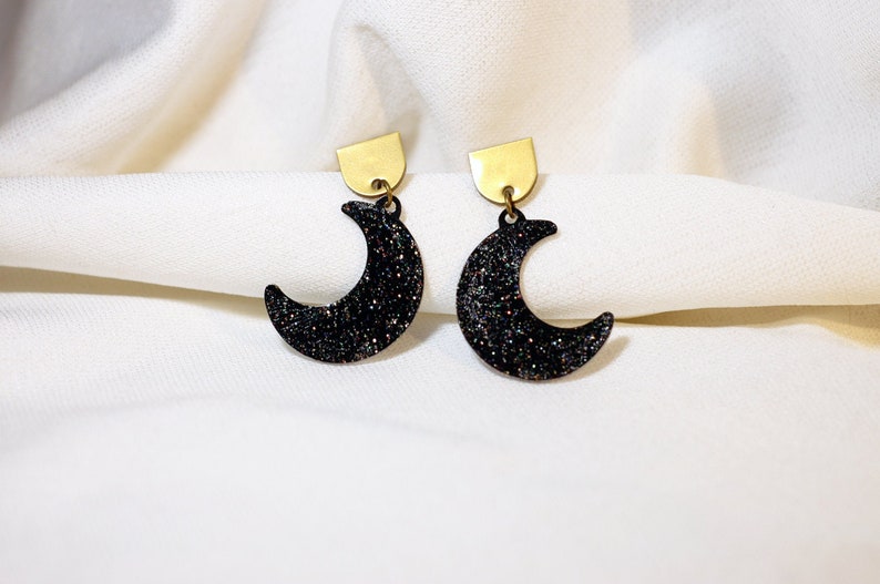 Glitter moon phase earrings, Gold and black crescent moon earrings, Chunky glitter druzy earrings, Sparkly galaxy earrings, Lunar jewelry image 1