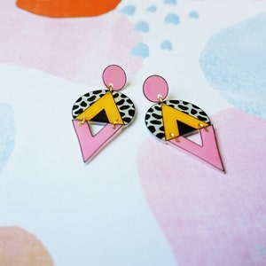 Cow print, mustard yellow and pink triangle earrings, Statement geometric oversized earrings, Leopard edgy earrings, Tortoise shell earrings image 4