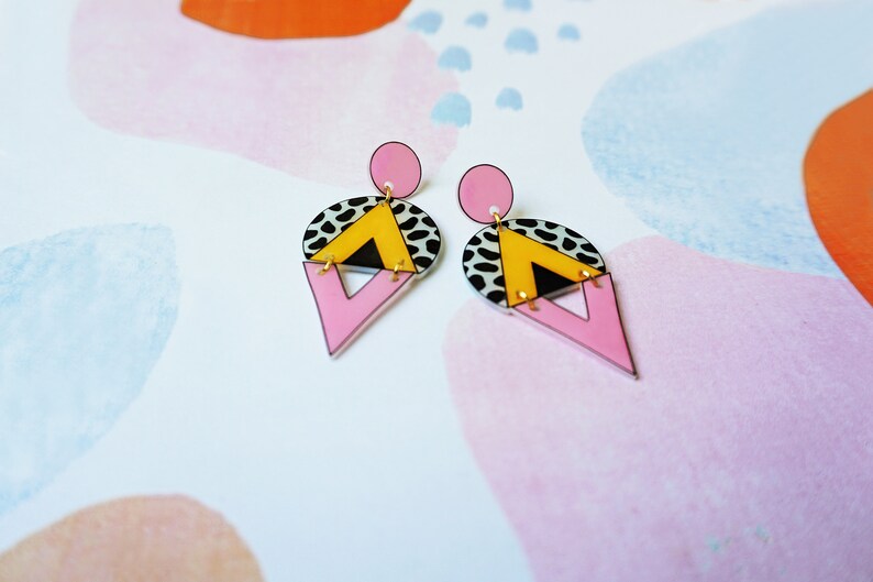 Cow print, mustard yellow and pink triangle earrings, Statement geometric oversized earrings, Leopard edgy earrings, Tortoise shell earrings image 4