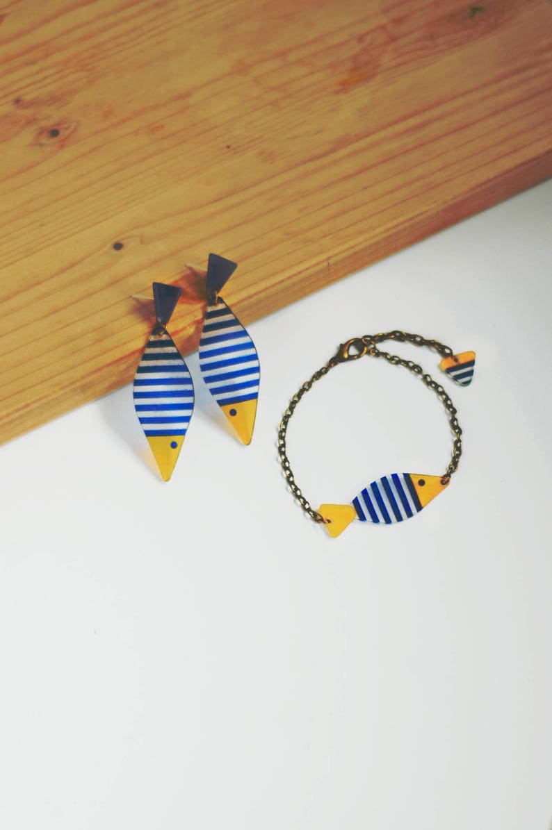 Fish Earrings, Blue Ocean Earrings, Yellow Dangle Studs, Fish Studs, Nautical Dangling Earrings, Coastal Jewelry, Pisces Gift image 4