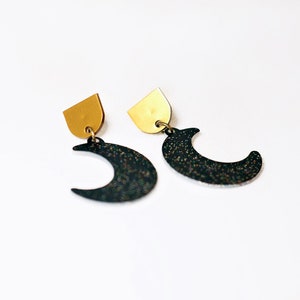 Glitter moon phase earrings, Gold and black crescent moon earrings, Chunky glitter druzy earrings, Sparkly galaxy earrings, Lunar jewelry image 3
