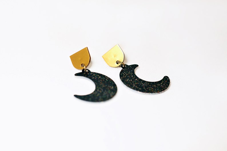 Glitter moon phase earrings, Gold and black crescent moon earrings, Chunky glitter druzy earrings, Sparkly galaxy earrings, Lunar jewelry image 3