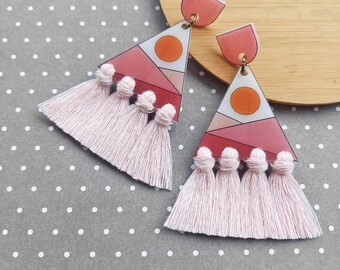 Sunset Macrame Tassel Earrings · Pink Mountain Fringe Earrings · Boho Desert Landscape Jewelry · Ombre Sorbet Color Dangle Studs