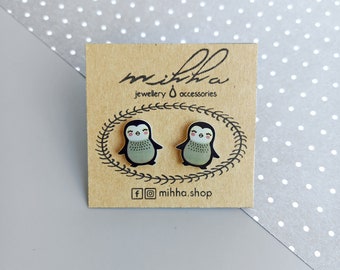 Cute penguin stud earrings, Christmas festive animal studs, Miniature hypoallergenic shrinky dink jewelry, Secret santa bestfriend gift
