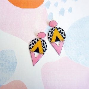 Cow print, mustard yellow and pink triangle earrings, Statement geometric oversized earrings, Leopard edgy earrings, Tortoise shell earrings image 2