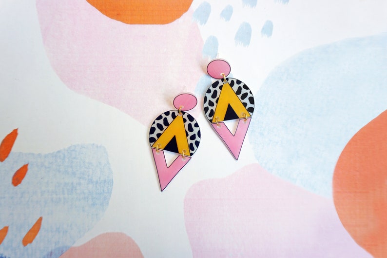 Cow print, mustard yellow and pink triangle earrings, Statement geometric oversized earrings, Leopard edgy earrings, Tortoise shell earrings image 2