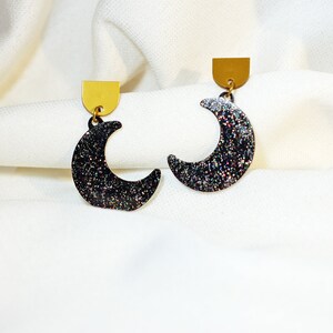 Glitter moon phase earrings, Gold and black crescent moon earrings, Chunky glitter druzy earrings, Sparkly galaxy earrings, Lunar jewelry image 2