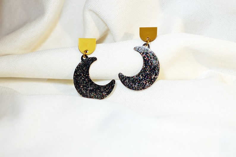 Glitter moon phase earrings, Gold and black crescent moon earrings, Chunky glitter druzy earrings, Sparkly galaxy earrings, Lunar jewelry image 2