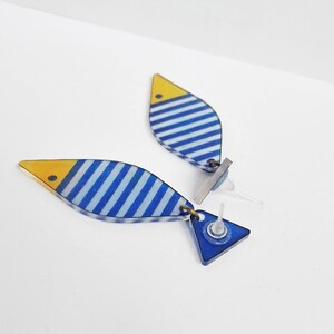 Fish Earrings, Blue Ocean Earrings, Yellow Dangle Studs, Fish Studs, Nautical Dangling Earrings, Coastal Jewelry, Pisces Gift image 3