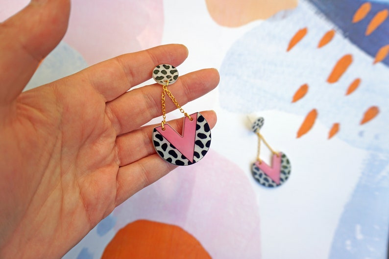 Starkcontrast cow earrings, Western chevron earrings, Pink cowgirl earrings, Geometric gold chain acrylic earrings, Animal print jewelry image 6