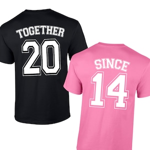 Matching Couple Anniversary Shirts - Together Since CUSTOM YEAR Jersey Number T Shirts - Gildan TShirts - SET of 2 - Items 2733 & 2734