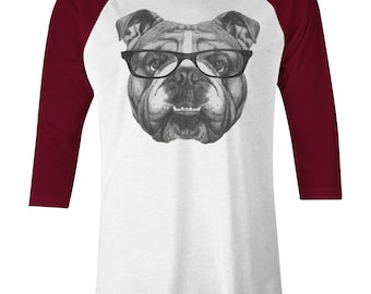 Unisex Bulldog Baseball T Shirt - Bulldog in Glasses T Shirt - American Apparel Poly Cotton Mens Baseball Tee - Item 1177