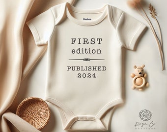 First Edition Published 2024 or 2025 Natural Baby Onesie® | Vintage Book Page Baby Announcement | Neutral Baby Outfit