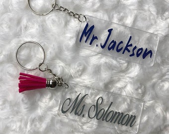 Custom Name Acrylic Keychain, Custom Text Keyring, Personalized Tassel Keychain, Calligraphy Name Keychain, Personalized Teacher Gift, Tags