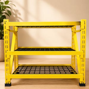 May include: A bright yellow metal storage rack featuring three tiers with black grid shelving. The unit has vertical support beams with rectangular cutouts and black protective feet at the base of each of the four corner posts.