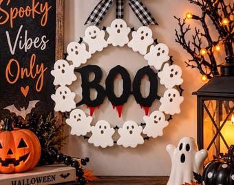 Halloween Ghost Wreath, Boo Front Door Decor, Spooky Ghost Wall Hanging, Black White Halloween Wreath, 3D Printed Halloween Decor