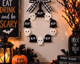 Halloween Skull Wreath, RIP Tombstone Door Decor, Spooky Skeleton Wall Hanging, Black White Halloween Wreath, 3D Printed Halloween Decor