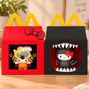 May include: Two square boxes with yellow arched handles. The red box features a black bow and a moth-like character with orange wings. The black box has a jagged white tooth border and contains a white cat character wearing a black dinosaur costume.