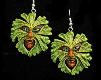 Green man earrings pagan wiccan On Bronze Hypoallergenic Hooks NEW handmade