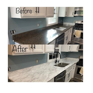 May include: Before and after photos of a kitchen countertop. The before photo shows a brown granite countertop. The after photo shows a white marble countertop.