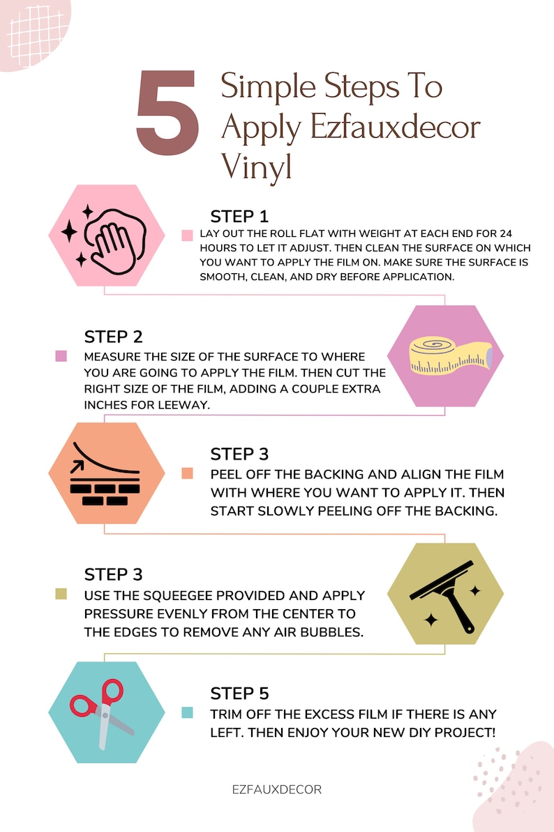 May include: A pink and white infographic with five steps to apply vinyl. The steps are illustrated with icons and text. The text includes the words "Simple Steps To Apply Ezfauxdecor Vinyl".