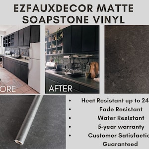 May include: Before and after photos of a kitchen with black cabinets. The after photo shows the cabinets covered with a dark grey matte soapstone vinyl. The vinyl is heat resistant up to 240 degrees Fahrenheit, fade resistant, water resistant, and comes with a 5-year warranty. Customer satisfaction is guaranteed.
