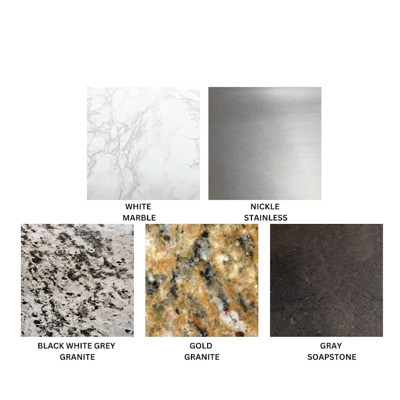 K&ouml;nnte beinhalten: Sechs verschiedene Arbeitsplattenproben: wei&szlig;er Marmor, Nickel-Edelstahl, schwarz-wei&szlig;-grauer Granit, goldener Granit und grauer Speckstein.