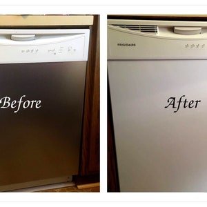 Puede incluir: Fotos de antes y despu&eacute;s de un lavavajillas de acero inoxidable que se ha pintado de blanco. El lavavajillas es de la marca Frigidaire.