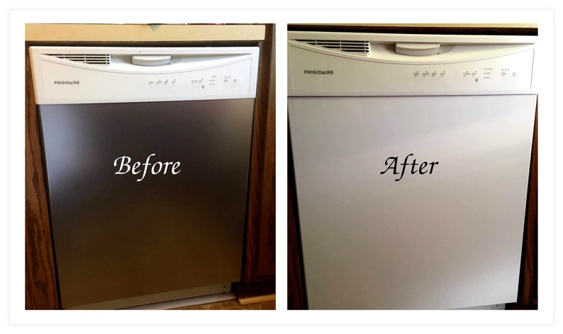Puede incluir: Fotos de antes y despu&eacute;s de un lavavajillas de acero inoxidable que se ha pintado de blanco. El lavavajillas es de la marca Frigidaire.